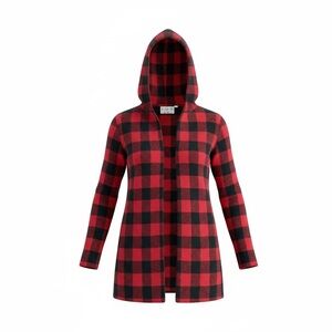 Anthropologie Field Flower Buffalo Check 100% Wool Hooded‎ Sweater Cardigan - XS